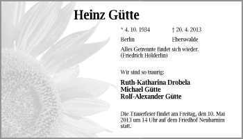 Traueranzeige von Heinz Gütte von Märkische Oderzeitung