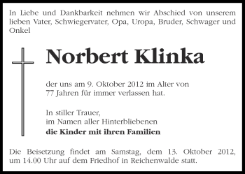 Traueranzeige von Norbert Klinka von Märkische Oderzeitung