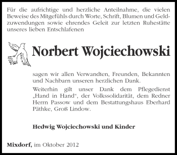 Traueranzeige von Norbert Wojciechowski von Märkische Oderzeitung