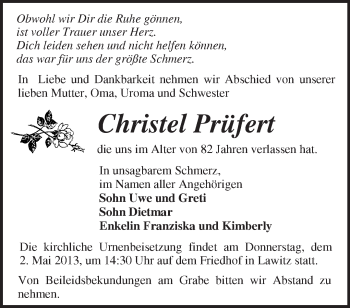 Traueranzeige von Christel Prüfert von Märkische Oderzeitung