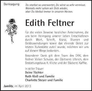 Traueranzeige von Edith Feltner von Märkische Oderzeitung