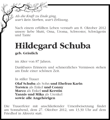 Traueranzeige von Hildegard Schuba von Märkische Oderzeitung