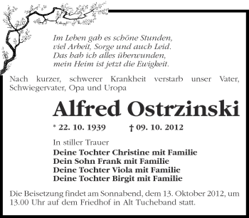 Traueranzeige von Alfred Ostrzinski von Märkische Oderzeitung