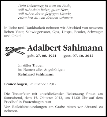 Traueranzeige von Adalbert Sahlmann von Märkische Oderzeitung