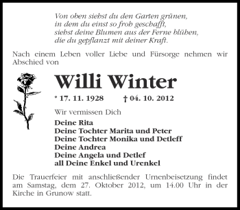 Traueranzeige von Willi Winter von Märkische Oderzeitung