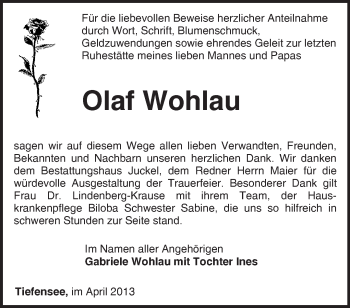 Traueranzeige von Olaf Wohlau von Märkische Oderzeitung