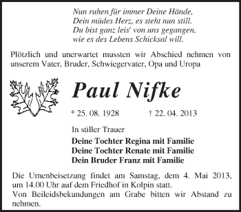 Traueranzeige von Paul Nifke von Märkische Oderzeitung