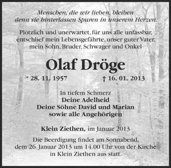 Traueranzeige von Olaf Dröge von Märkische Oderzeitung