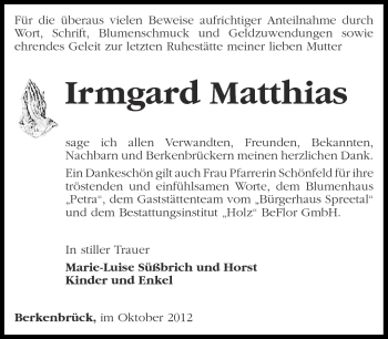 Traueranzeige von Irmgard Matthias von Märkische Oderzeitung