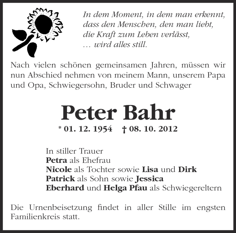  Traueranzeige für Peter Bahr vom 13.10.2012 aus Märkische Oderzeitung