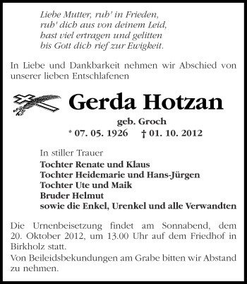 Traueranzeige von Gerda Hotzan von Märkische Oderzeitung