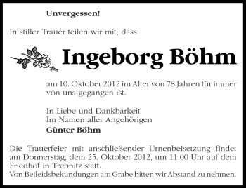 Traueranzeige von Ingeborg Böhm von Märkische Oderzeitung