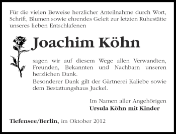 Traueranzeige von Joachim Köhn von Märkische Oderzeitung