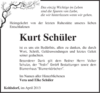 Traueranzeige von Kurt Schüler von Märkische Oderzeitung