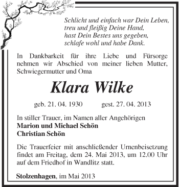 Traueranzeige von Klara Wilke von Märkische Oderzeitung