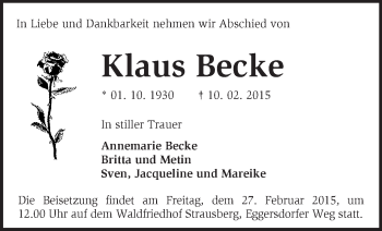 Traueranzeige von Klaus Becke von Märkische Oderzeitung