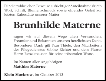 Traueranzeige von Brunhilde Materne von Märkische Oderzeitung