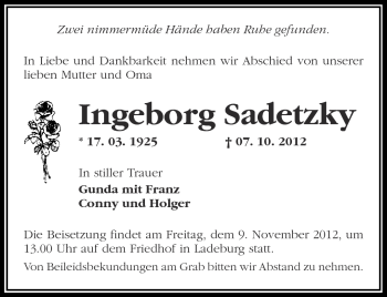 Traueranzeige von Ingeborg Sadetzky von Märkische Oderzeitung