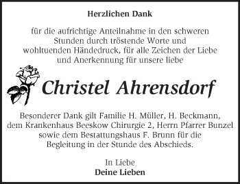 Traueranzeige von Christel Ahrensdorf von Märkische Oderzeitung