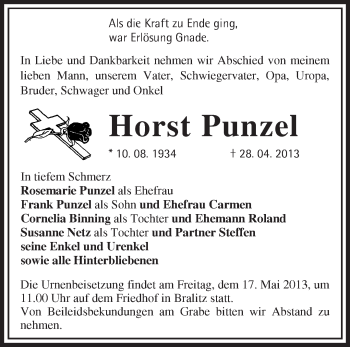 Traueranzeige von Horst Punzel von Märkische Oderzeitung