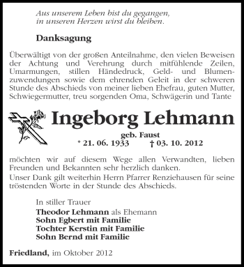 Traueranzeige von Ingeborg Lehmann von Märkische Oderzeitung