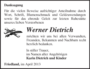 Traueranzeige von Werner Dietrich von Märkische Oderzeitung