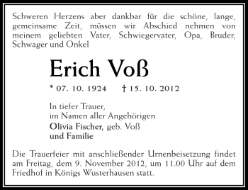 Traueranzeige von Erich Voß von Märkische Oderzeitung