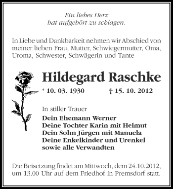 Traueranzeige von Hildegard Raschke von Märkische Oderzeitung