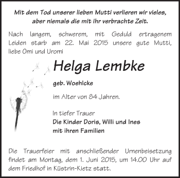 Traueranzeige von Helga Lembke von Märkische Oderzeitung