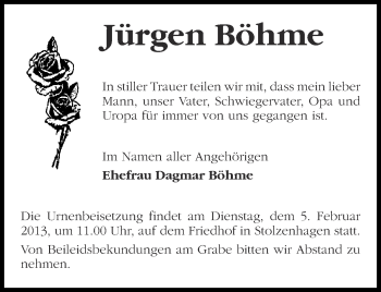 Traueranzeige von Jürgen Böhme von Märkische Oderzeitung