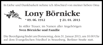 Traueranzeige von Lony Börnicke von Märkische Oderzeitung