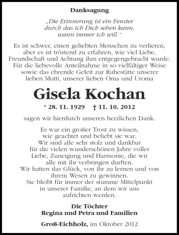 Traueranzeige von Gisela Kochan von Märkische Oderzeitung