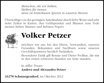 Traueranzeige von Volker Petzer von Märkische Oderzeitung