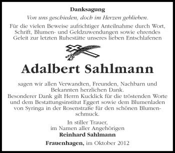 Traueranzeige von Adalbert Sahlmann von Märkische Oderzeitung