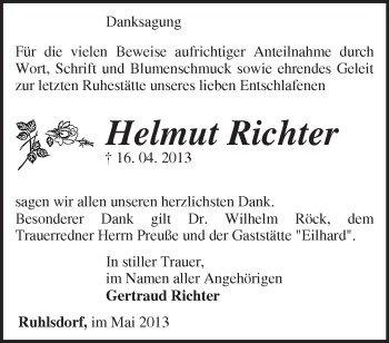 Traueranzeige von Helmut Richter von Märkische Oderzeitung