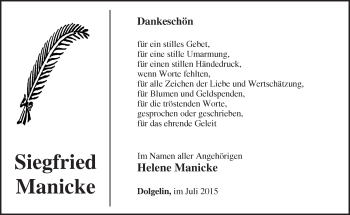 Traueranzeige von Siegfried Manicke von Märkische Oderzeitung