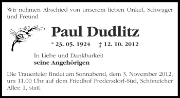 Traueranzeige von Paul Dudlitz von Märkische Oderzeitung