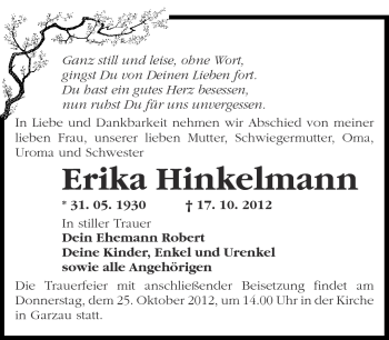 Traueranzeige von Erika Hinkelmann von Märkische Oderzeitung