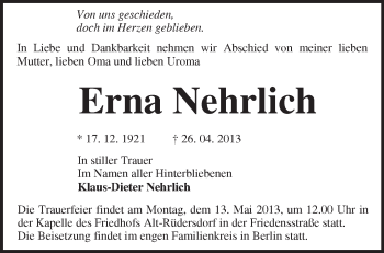 Traueranzeige von Erna Nehrlich von Märkische Oderzeitung