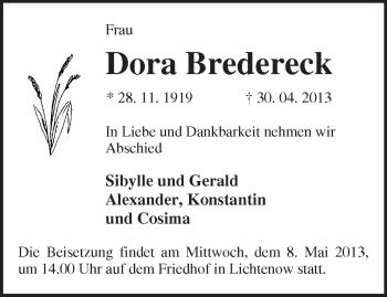 Traueranzeige von Dora Bredereck von Märkische Oderzeitung