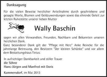 Traueranzeige von Wally Baschin von Märkische Oderzeitung