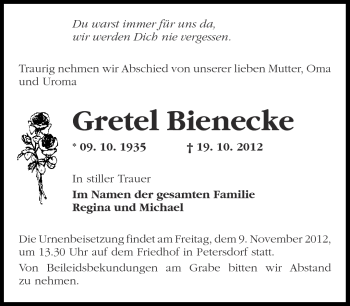 Traueranzeige von Gretel Bienecke von Märkische Oderzeitung