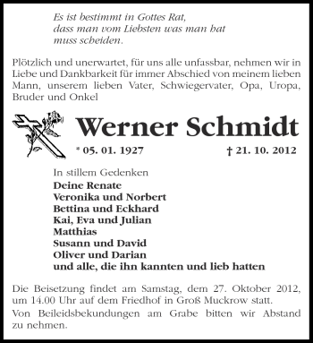 Traueranzeige von Werner Schmidt von Märkische Oderzeitung