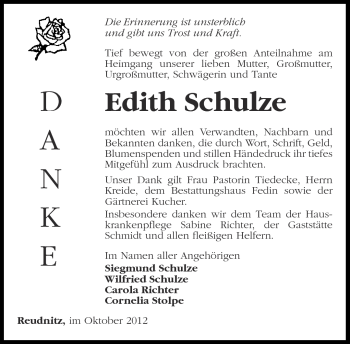 Traueranzeige von Edith Schulze von Märkische Oderzeitung