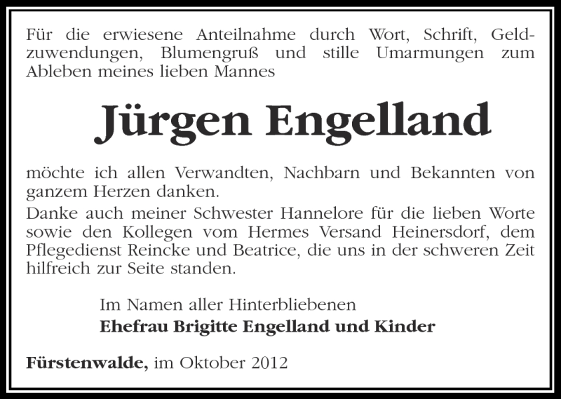  Traueranzeige für Jürgen Engelland vom 27.10.2012 aus Märkische Oderzeitung