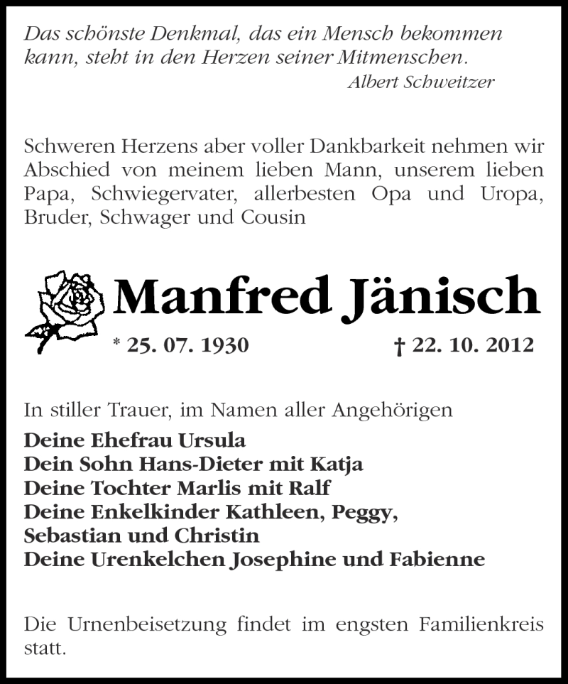  Traueranzeige für Manfred Jänisch vom 27.10.2012 aus Märkische Oderzeitung