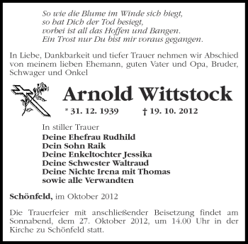 Traueranzeige von Arnold Wittstock von Märkische Oderzeitung