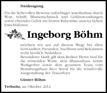 Traueranzeige von Ingeborg Böhm von Märkische Oderzeitung