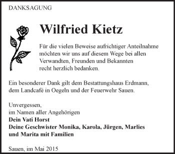 Traueranzeige von Wilfried Kietz von Märkische Oderzeitung