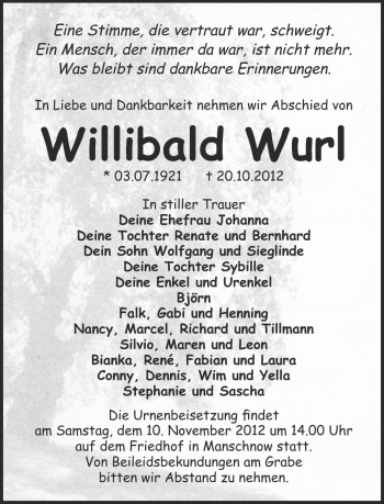 Traueranzeige von Willibald Wurl von Märkische Oderzeitung